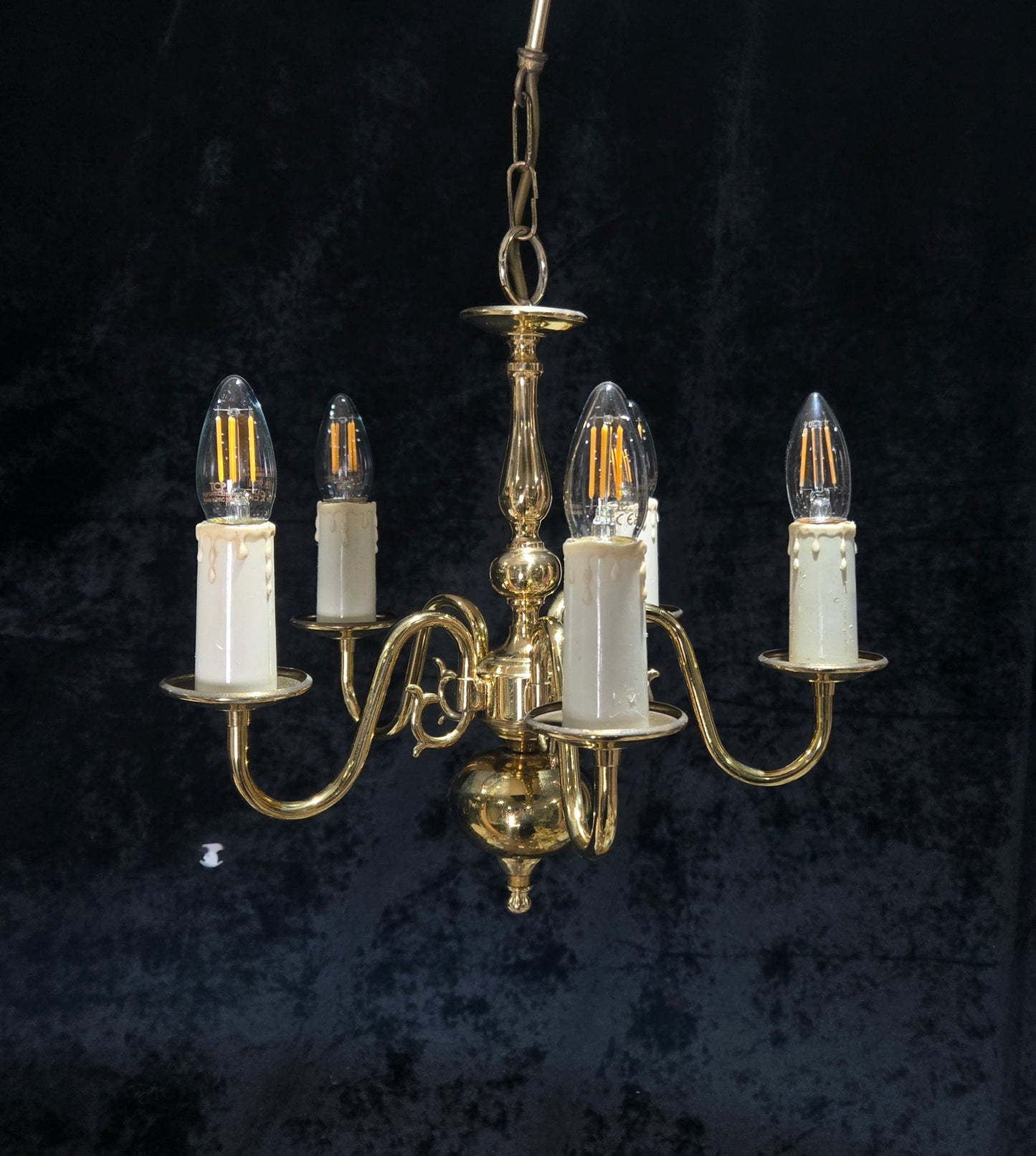 Classical Vintage Small 5 Arm Polished Brass Flemish Chandelier Ceiling Light