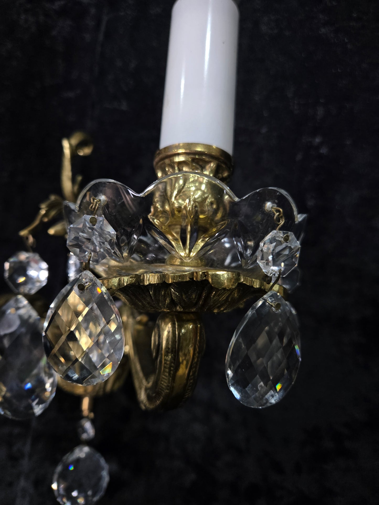 Fabulous Pair of Heavy Brass Vintage French 2 Arm Crystal Wall Lights Sconces