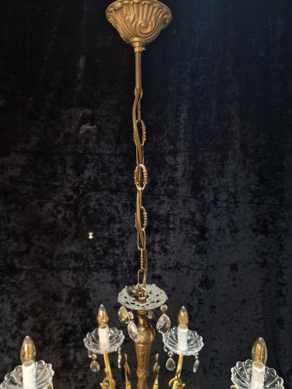 Lovely Vintage Italian 8 Arm 2 Tone Brass Leaf Crystal Chandelier Ceiling Light