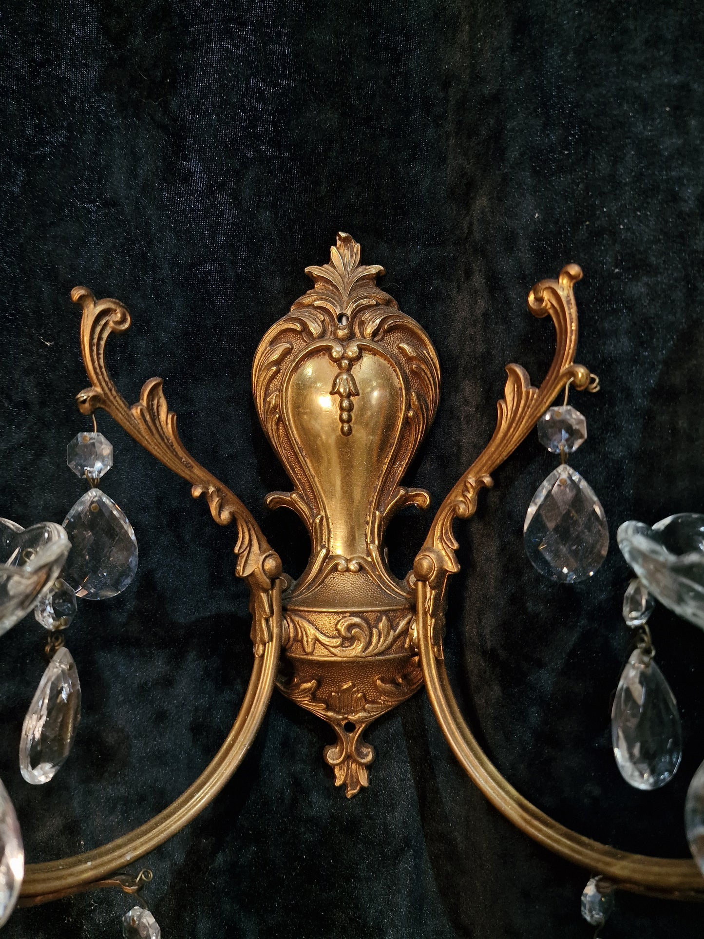 Lovely Pair of Vintage French Leaf Brass Crystal 2 Arm Wall Lights Sconces