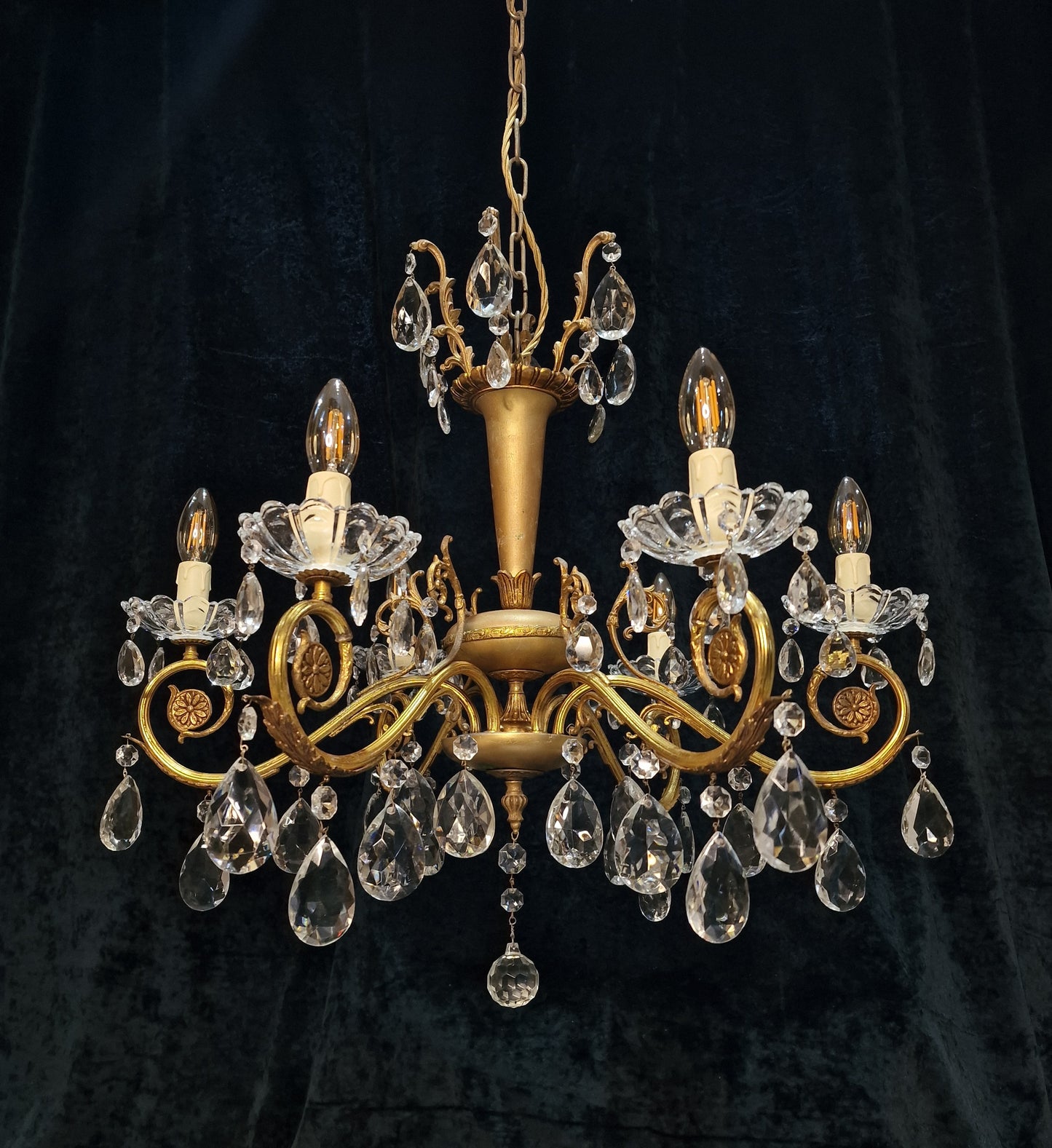 Stunning Vintage Italian 6 Arm Brass Crystal Foliage Leaf Chandelier Light