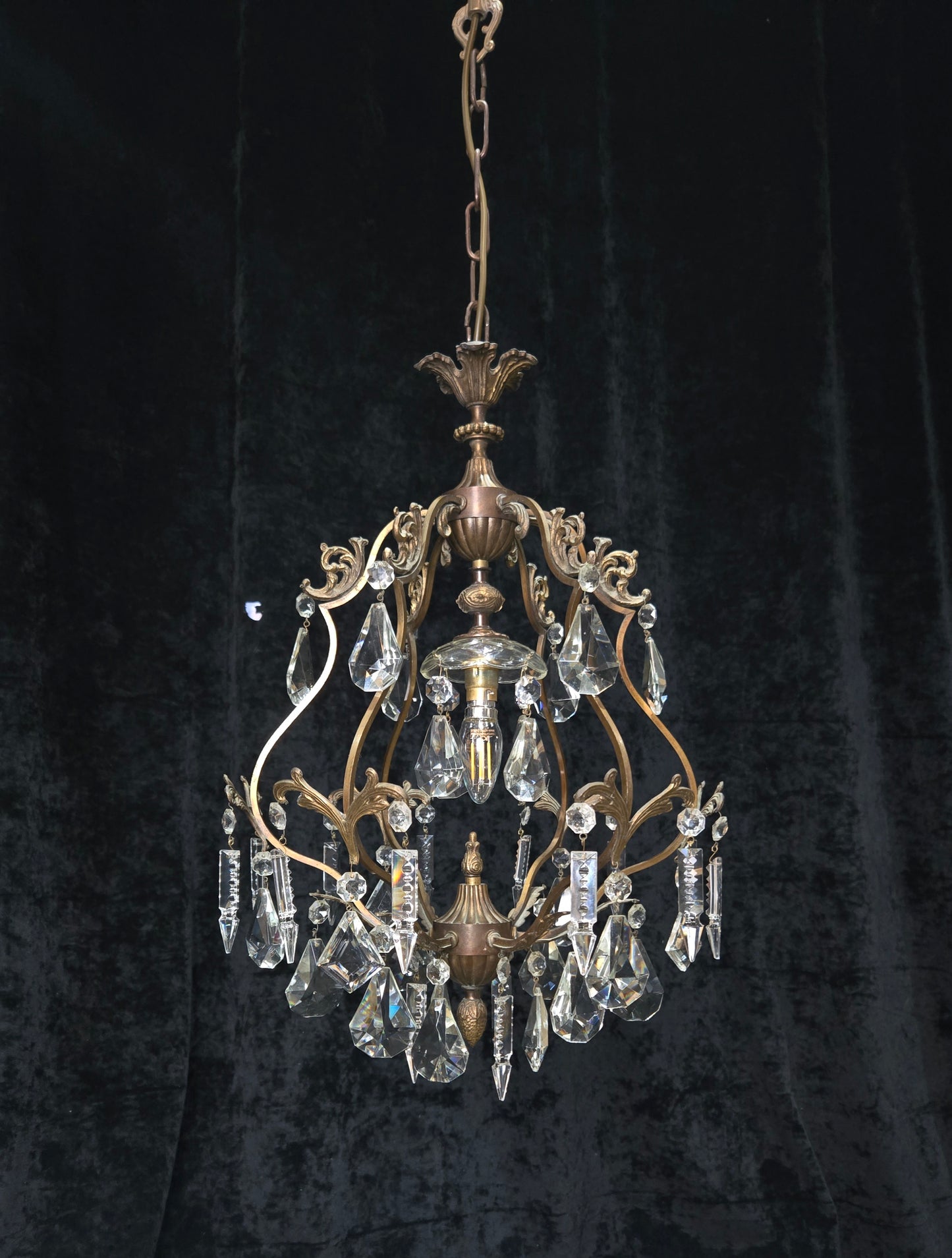 Elegant Vintage Italian 1 Light Cage Crystal Brass Chandelier Ceiling Light