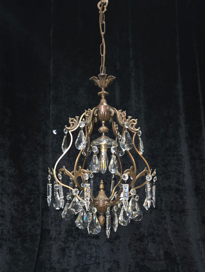 Elegant Vintage Italian 1 Light Cage Crystal Brass Chandelier Ceiling Light