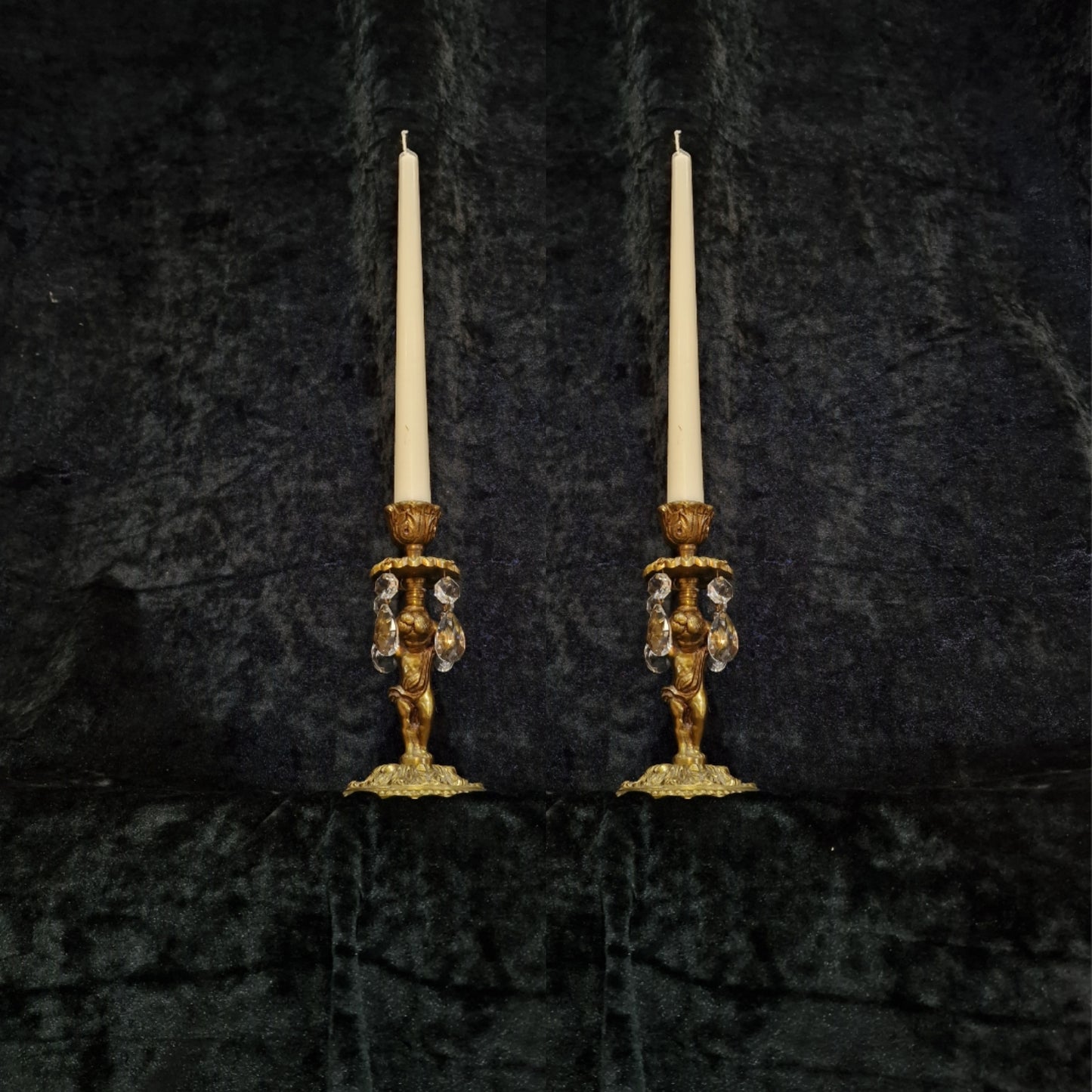 Lovely Pair of Vintage French Solid Brass Crystal Cherub Candlesticks