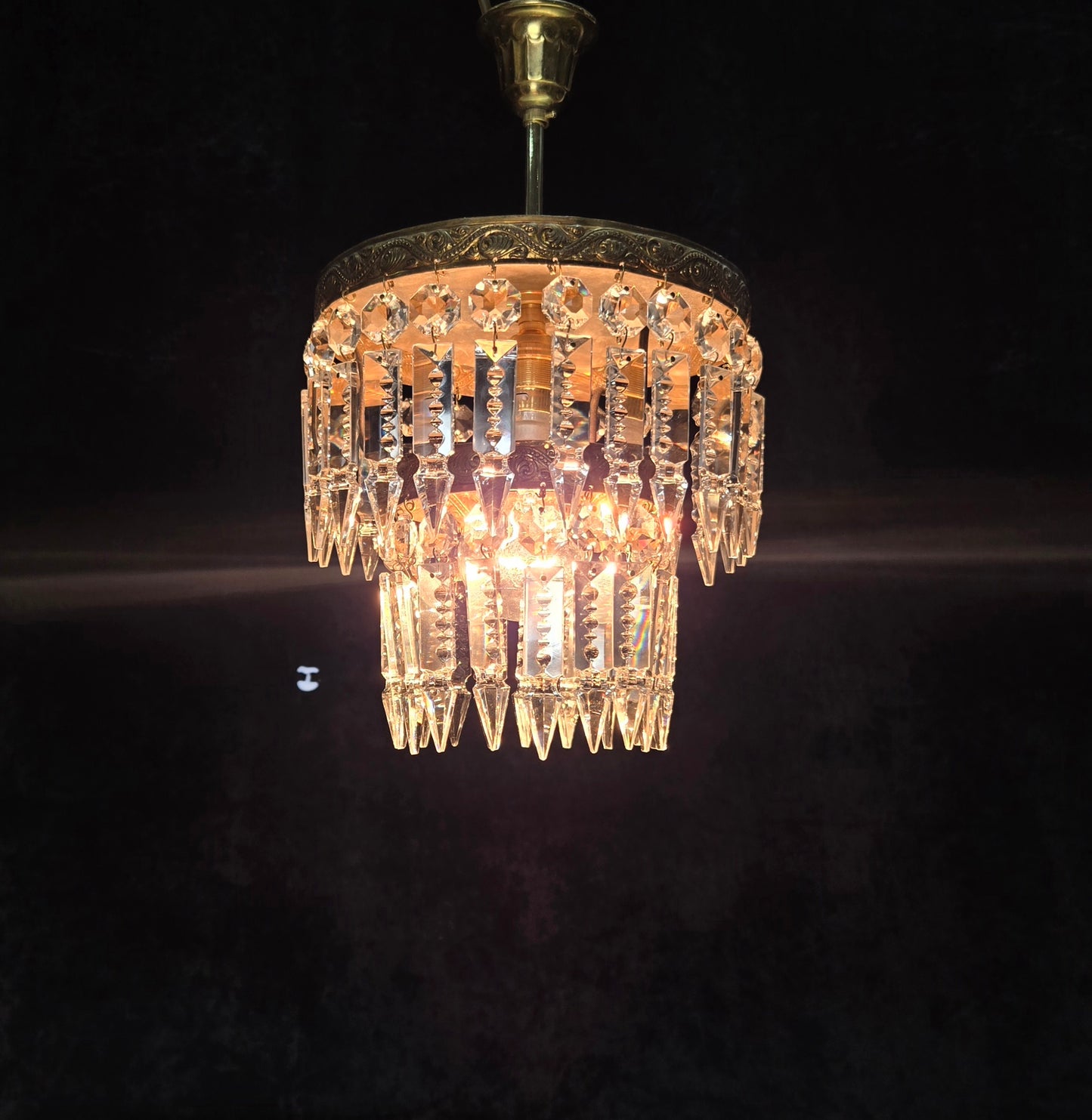 Beautiful Vintage French 2 Tier Waterfall Crystal Brass 1 Light Flush Chandelier