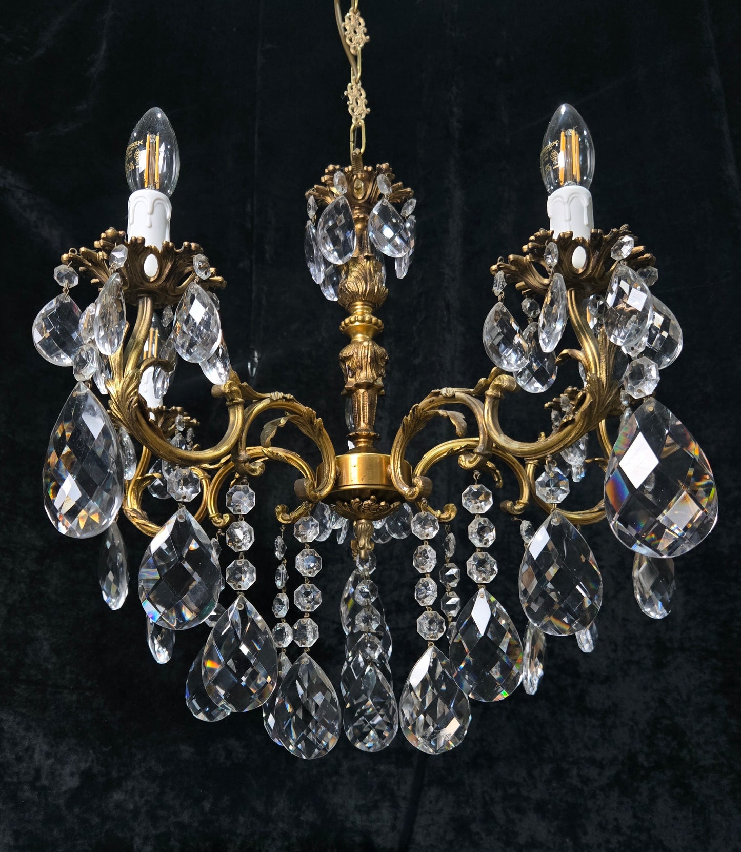 Fabulous Vintage French 5 Arm Brass Heavy Crystal Leaf Chandelier Ceiling Light