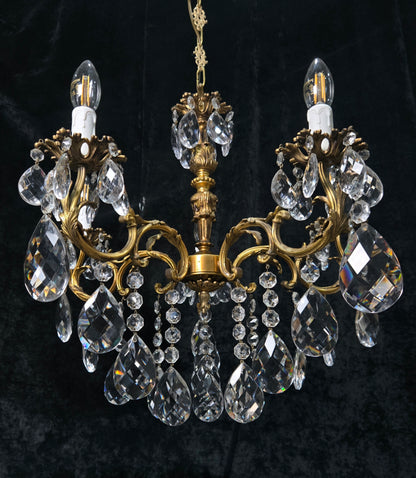 Fabulous Vintage French 5 Arm Brass Heavy Crystal Leaf Chandelier Ceiling Light