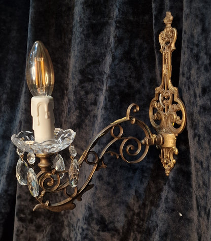 Elegant Pair Vintage Italian Brass and Glass Crystal 1 Arm Sconces Wall Lights