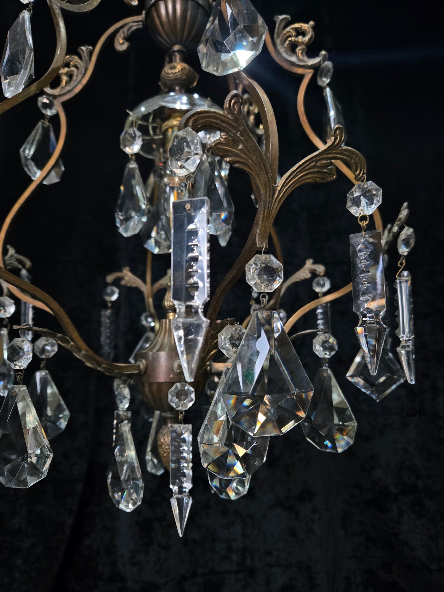 Elegant Vintage Italian 1 Light Cage Crystal Brass Chandelier Ceiling Light