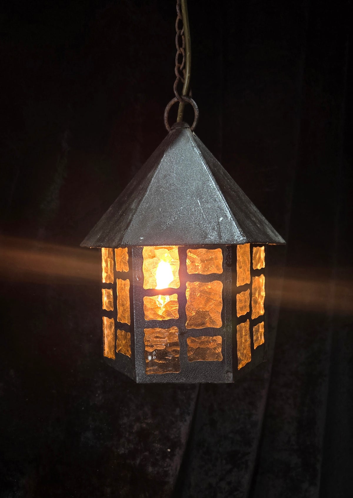 Lovely Vintage French Wrought Iron Gothic Lantern Light with Textured Glass