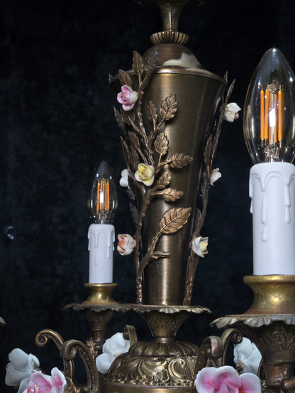 Fabulous Vintage Italian 6 Arm Brass Florentine Flower Roses Chandelier Light