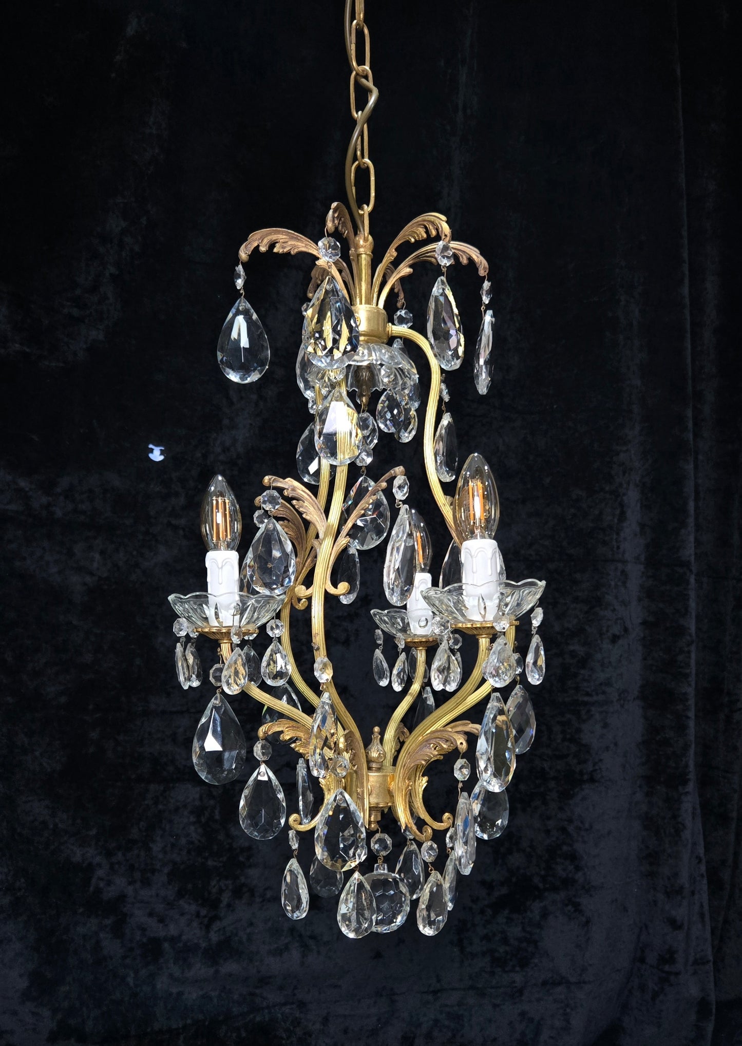Beautiful Vintage Italian 3 Arm Brass Crystal Cage Leaf Chandelier Ceiling Light