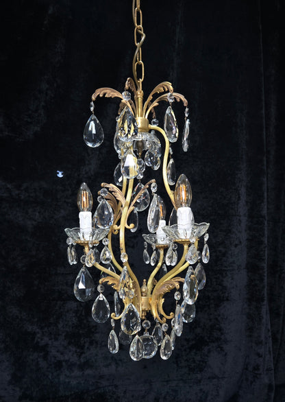 Beautiful Vintage Italian 3 Arm Brass Crystal Cage Leaf Chandelier Ceiling Light