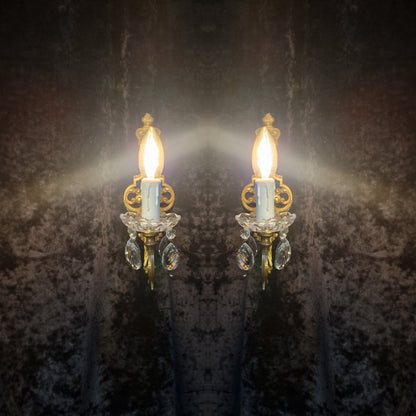 Elegant Pair Vintage Italian Brass and Glass Crystal 1 Arm Sconces Wall Lights