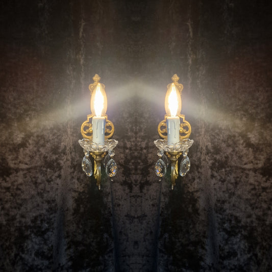 Elegant Pair Vintage Italian Brass and Glass Crystal 1 Arm Sconces Wall Lights