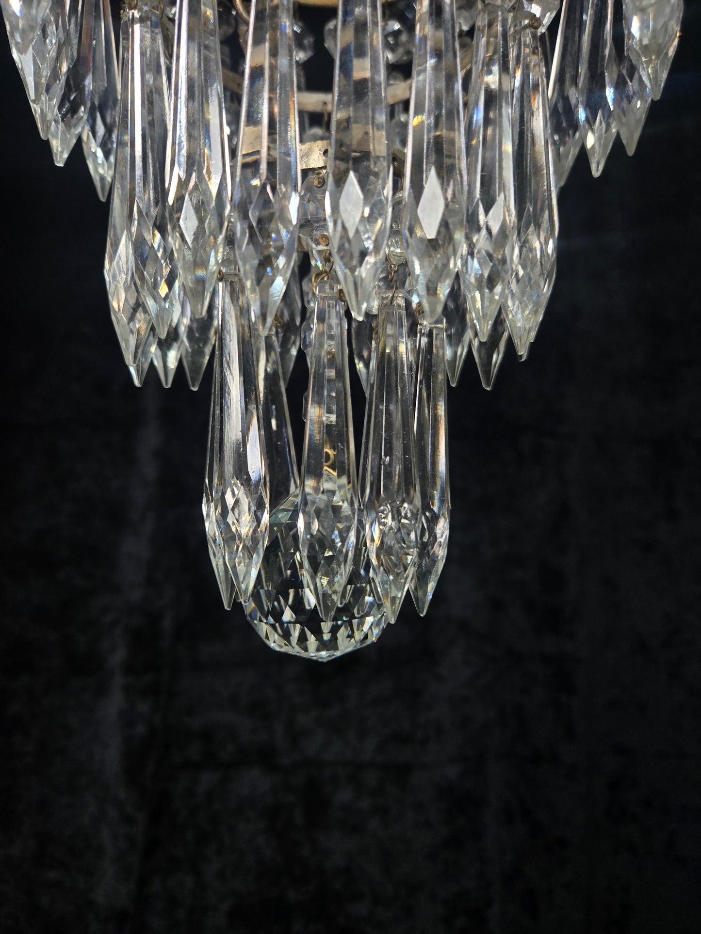 Beautiful Antique French Crystal Waterfall Brass Leaf Chandelier Ceiling Light