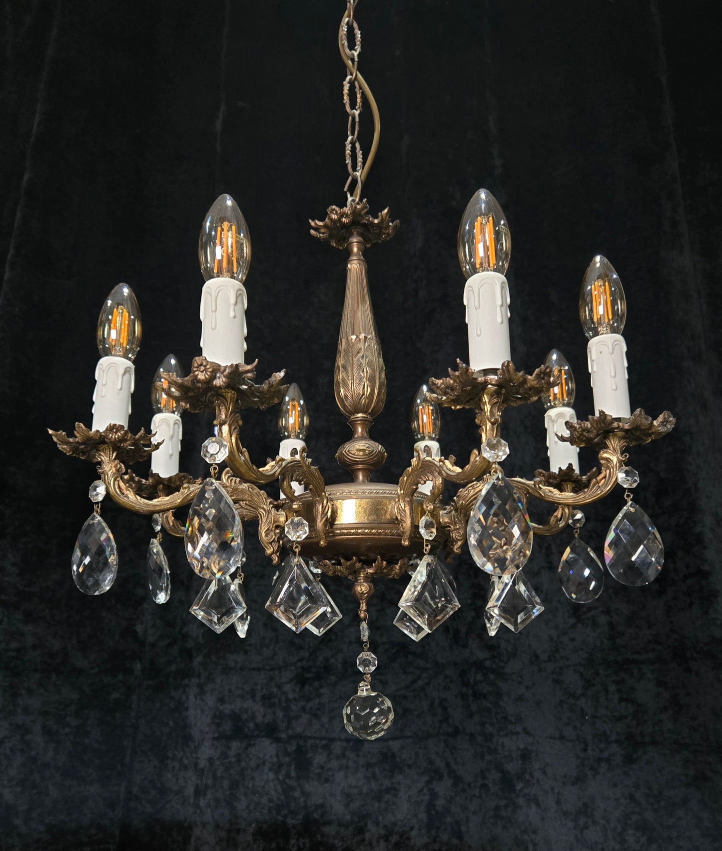 Fabulous Vintage Italian 8 Arm Brass Flower Crystal Chandelier Ceiling Light