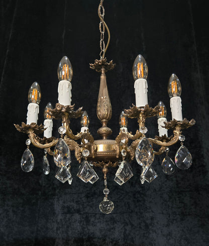 Fabulous Vintage Italian 8 Arm Brass Flower Crystal Chandelier Ceiling Light