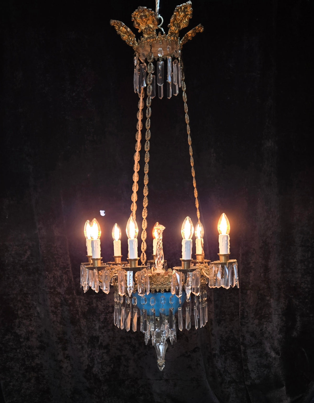 Exceptional Antique French Late 1800s 9 Arm Brass Blue Glass Crystal Chandelier
