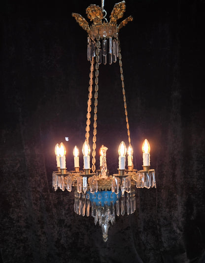 Exceptional Antique French Late 1800s 9 Arm Brass Blue Glass Crystal Chandelier
