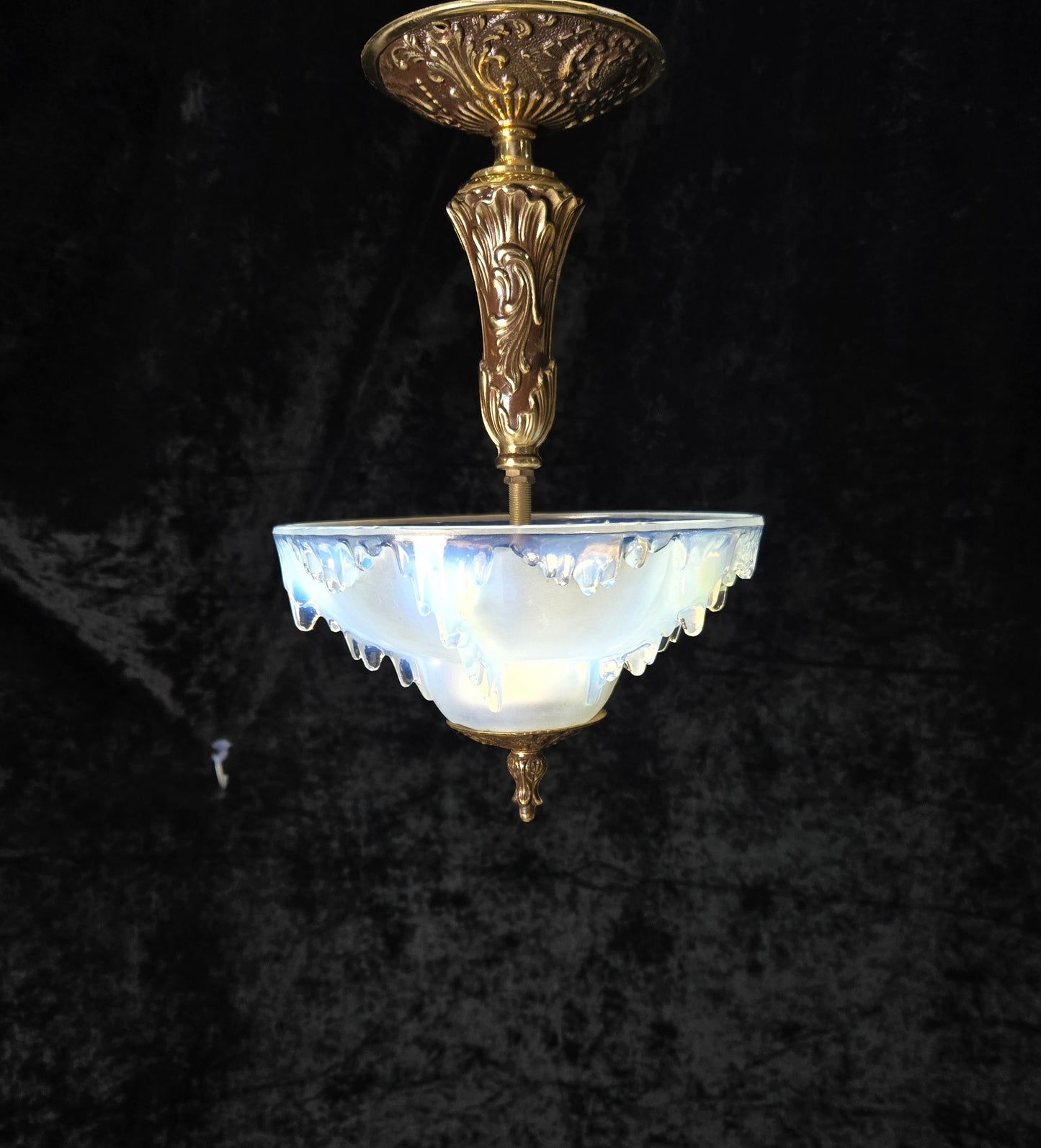 Unique Vintage 3 Light Brass EZAN Vaseline Glass Flush Ceiling Pendant Lantern