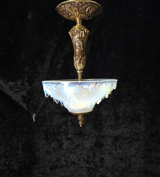 Unique Vintage 3 Light Brass EZAN Vaseline Glass Flush Ceiling Pendant Lantern