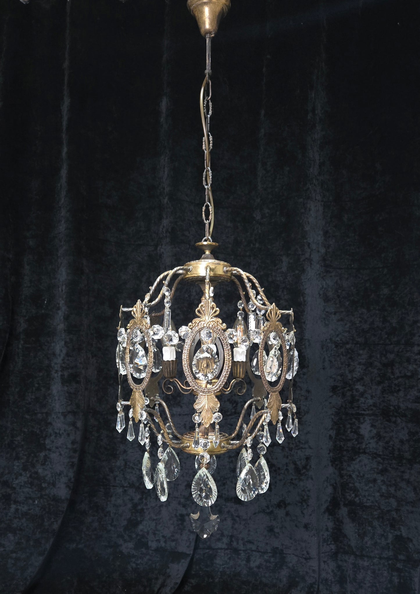 Elegant Vintage Italian Large 3 Arm Cage Crystal Brass Chandelier Ceiling Light
