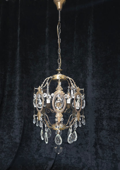 Elegant Vintage Italian Large 3 Arm Cage Crystal Brass Chandelier Ceiling Light