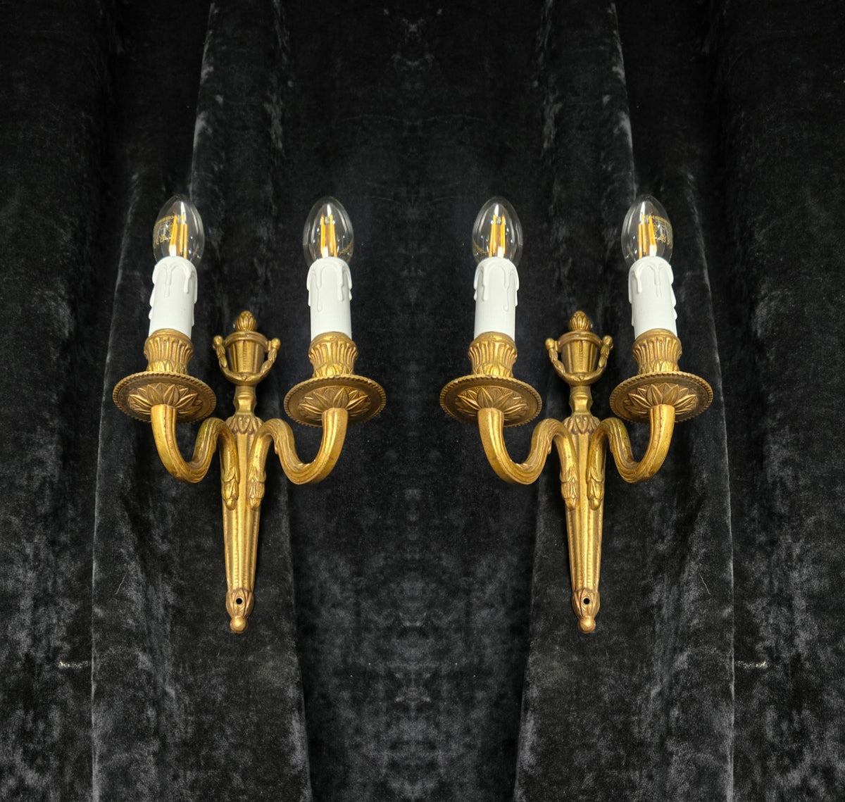 Traditional Pair Vintage French Empire Style 2 Arm Brass Electric Sconces Lights