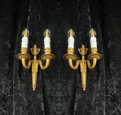 Traditional Pair Vintage French Empire Style 2 Arm Brass Electric Sconces Lights