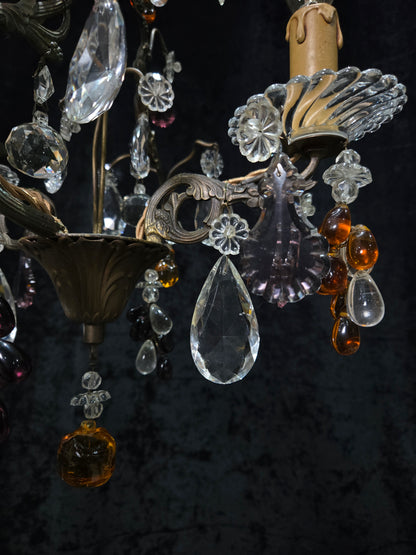 Fabulous Antique French 2 Arm Caged Murano Crystal Brass Chandelier Light