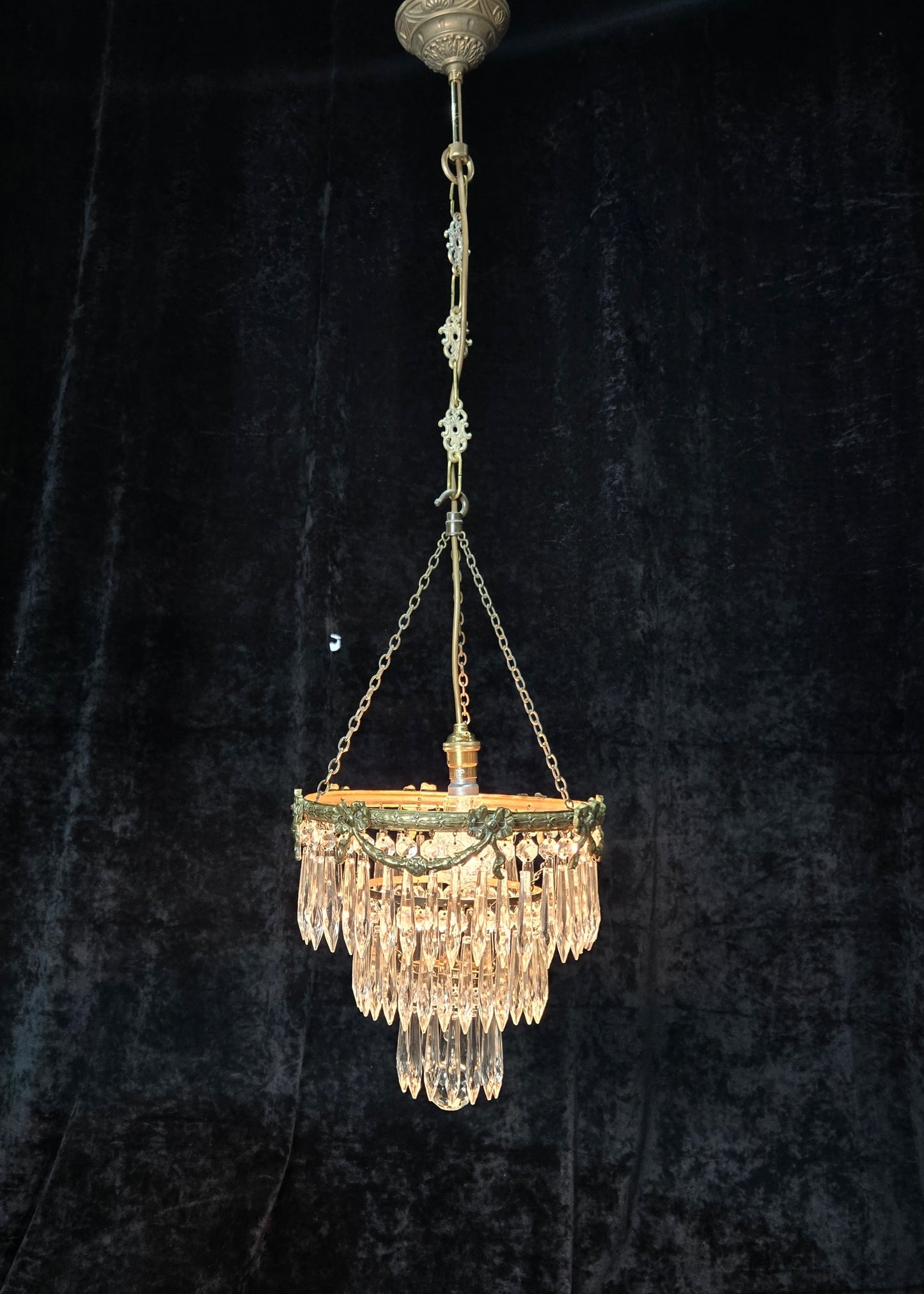 Fabulous Antique French Empire Style Brass Crystal Bows Chandelier Ceiling Light