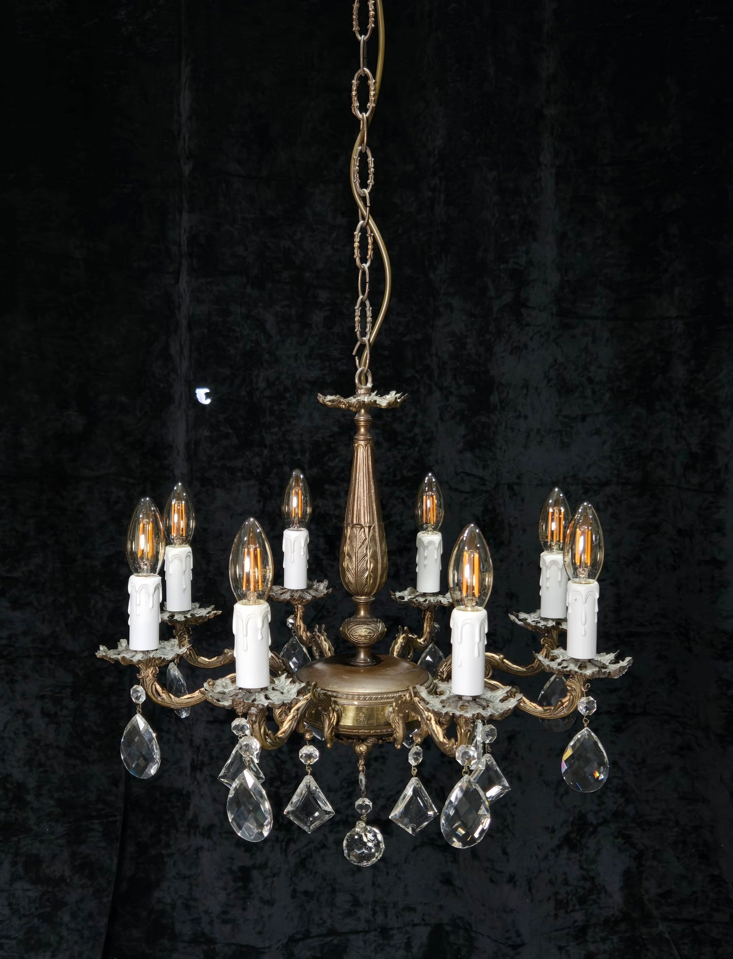 Fabulous Vintage Italian 8 Arm Brass Flower Crystal Chandelier Ceiling Light