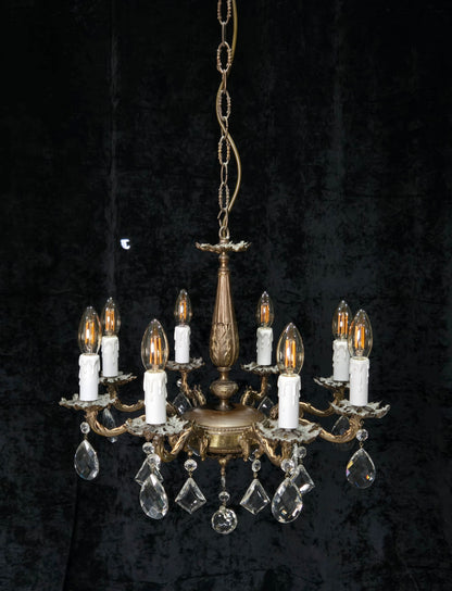 Fabulous Vintage Italian 8 Arm Brass Flower Crystal Chandelier Ceiling Light