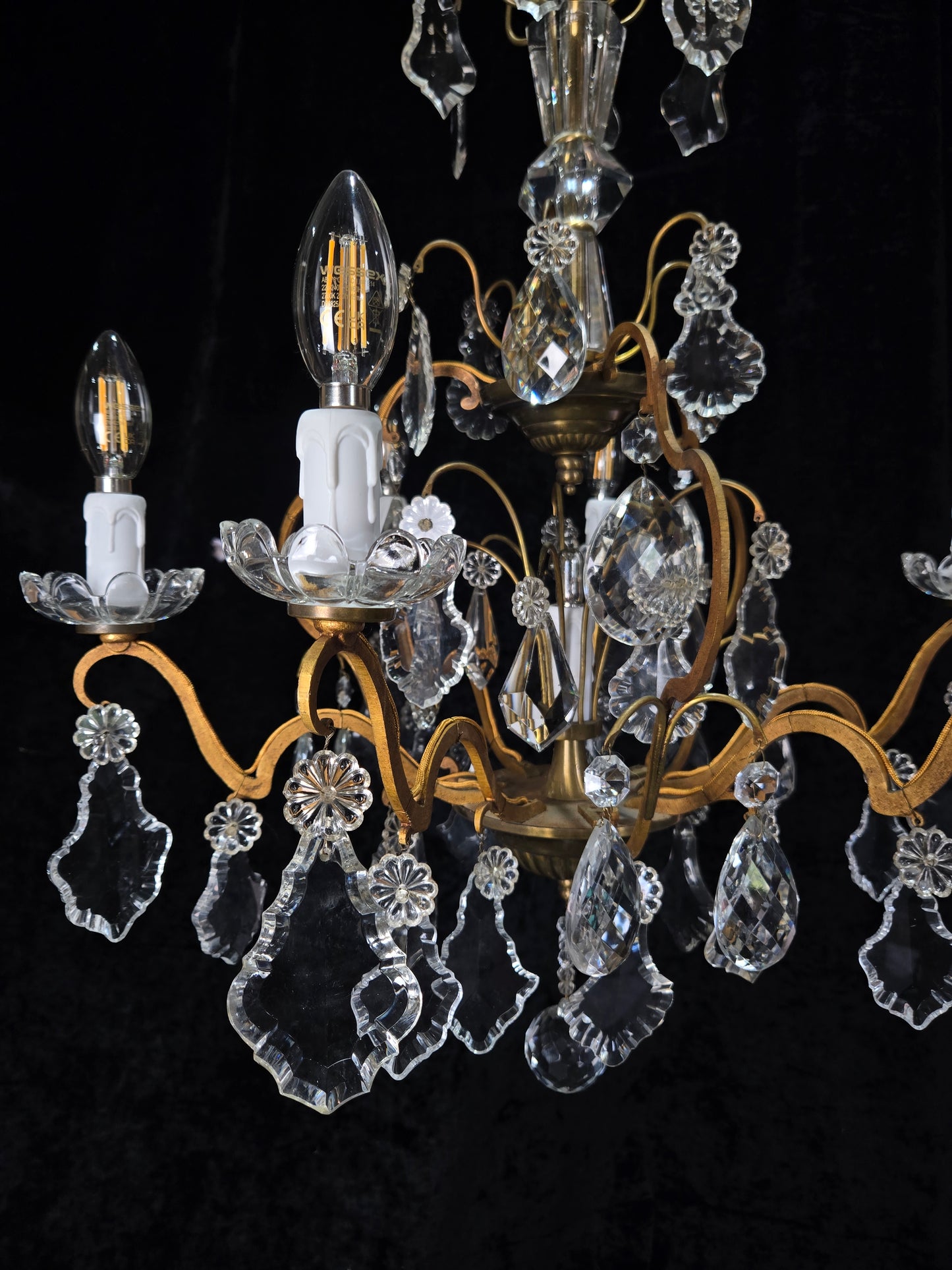 Gorgeous Antique French 6 Arm 7 Light Brass Bronze Cage Crystal Chandelier Light