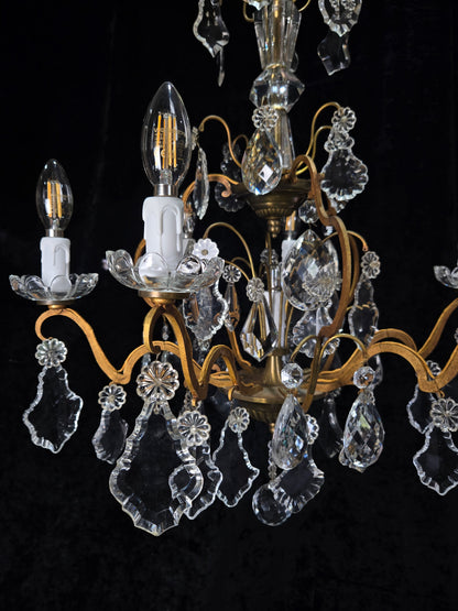 Gorgeous Antique French 6 Arm 7 Light Brass Bronze Cage Crystal Chandelier Light