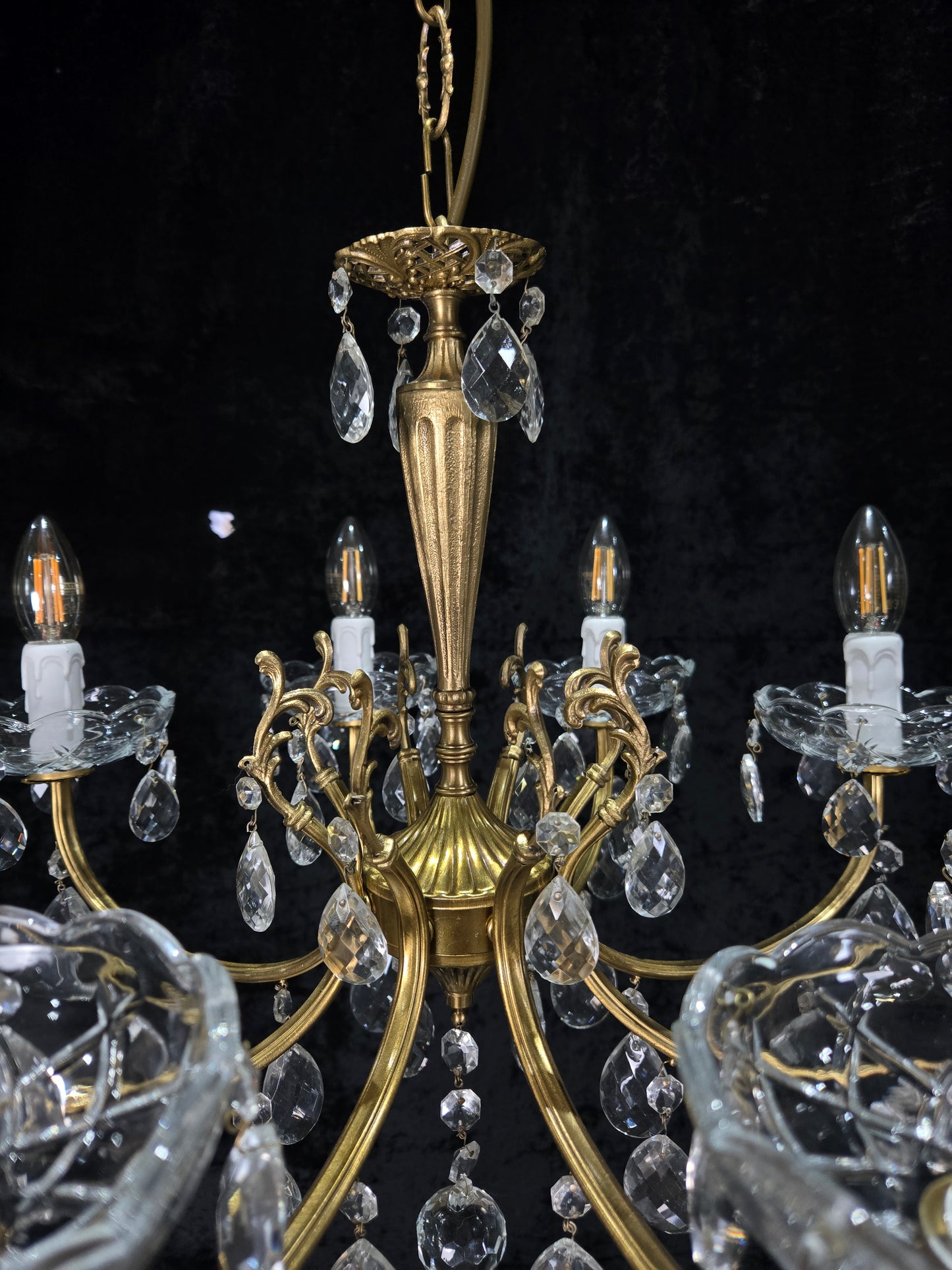 Beautiful Vintage Italian 8 Arm Brass Glass Crystal Chandelier Ceiling Light