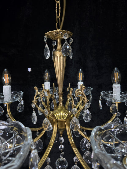 Beautiful Vintage Italian 8 Arm Brass Glass Crystal Chandelier Ceiling Light