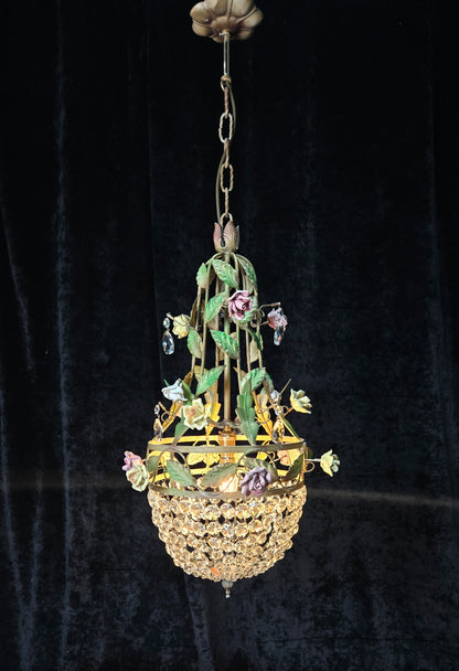 Beautiful Vintage Florentine Italian 1 Light Crystal Roses Toleware Chandelier