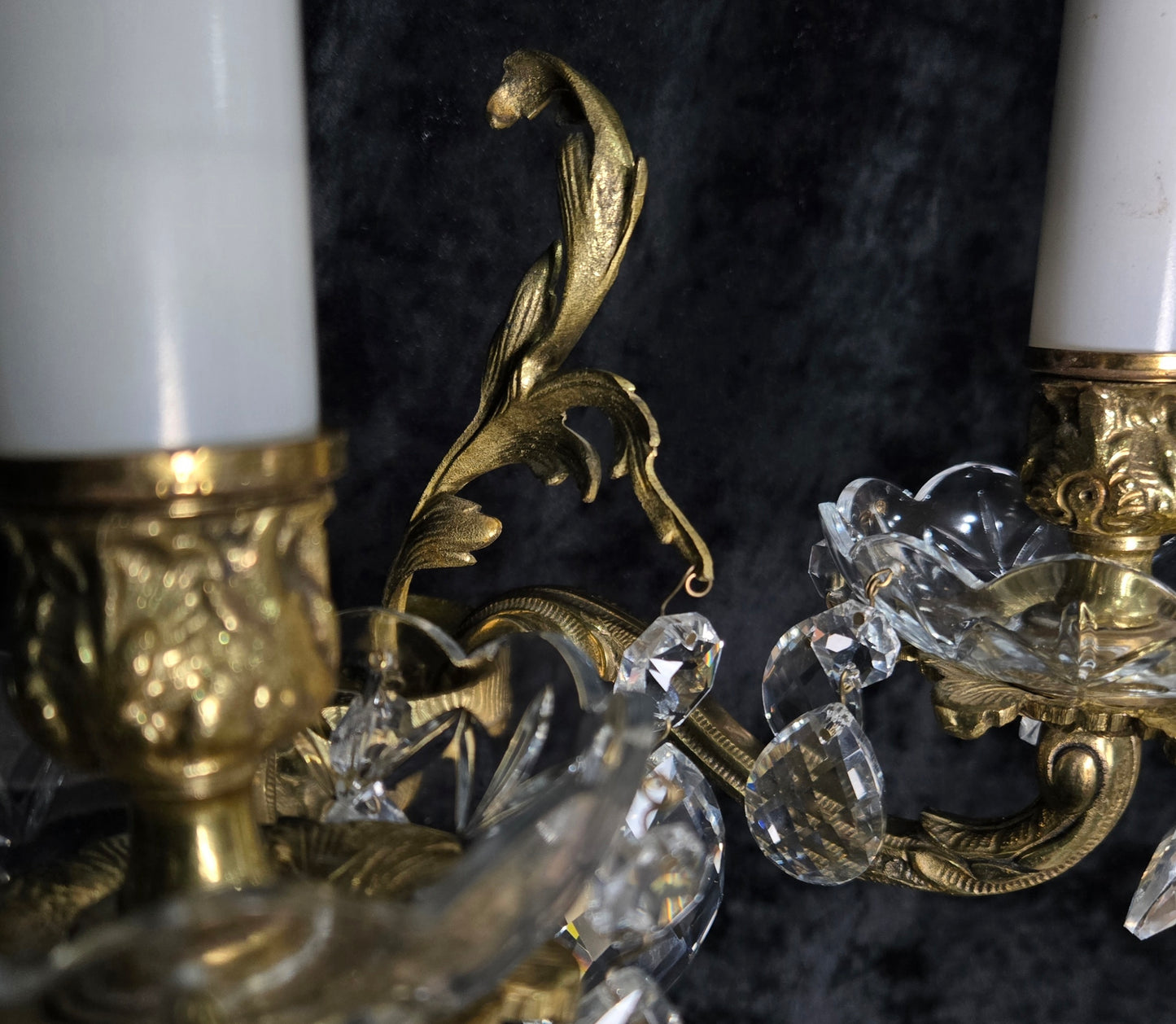 Fabulous Pair of Heavy Brass Vintage French 2 Arm Crystal Wall Lights Sconces