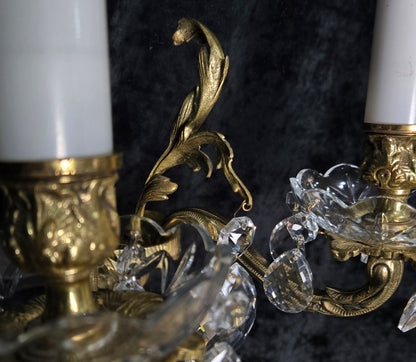 Fabulous Pair of Heavy Brass Vintage French 2 Arm Crystal Wall Lights Sconces