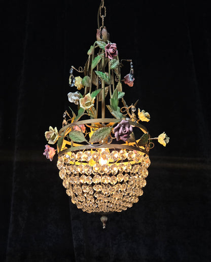 Beautiful Vintage Florentine Italian 1 Light Crystal Roses Toleware Chandelier