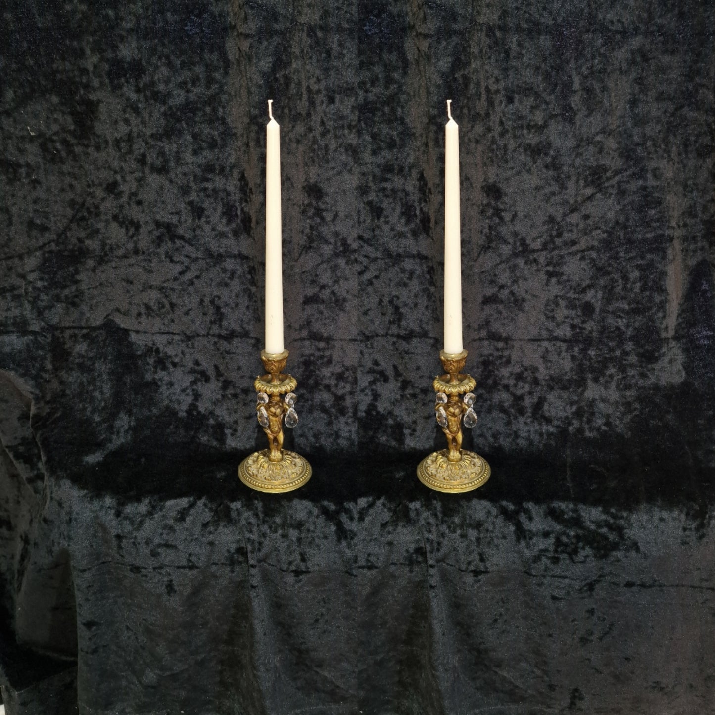 Lovely Pair of Vintage French Solid Brass Crystal Cherub Candlesticks