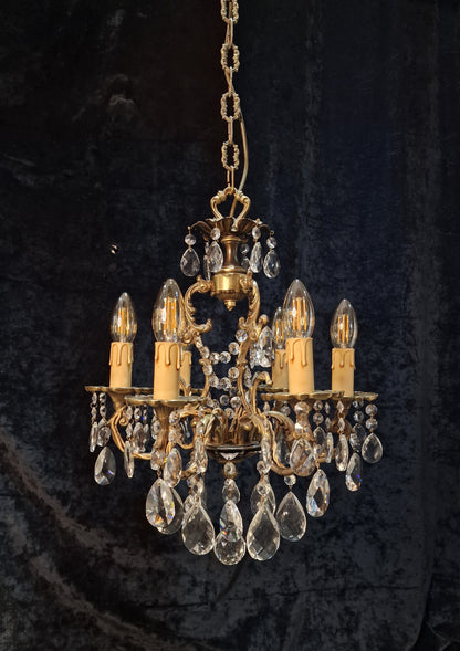 Beautiful Vintage French 6 Arm Brass Caged Crystal Chandelier Ceiling Light