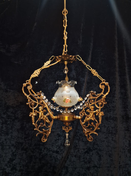 Beautiful Vintage Brass Italian Cherub Flower Caged Crystal Chandelier Light