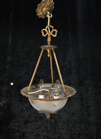 Lovely Vintage Brass Cut Glass Starburst 2 Light Spanish Lantern Chandelier