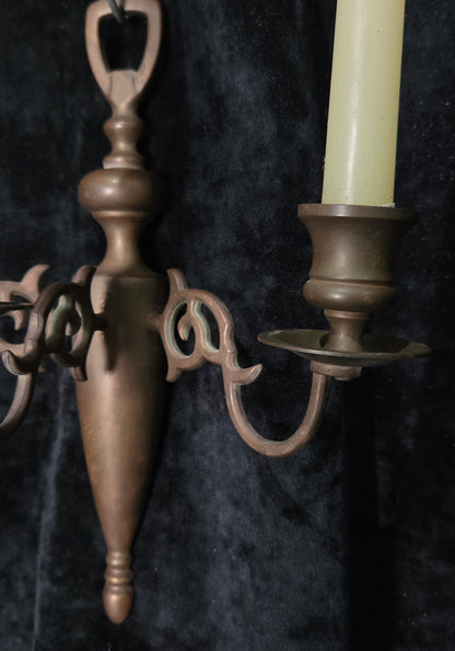 Traditional Pair of Antique 3 Arm Brass Flemish Candle Wall Lights Sconces