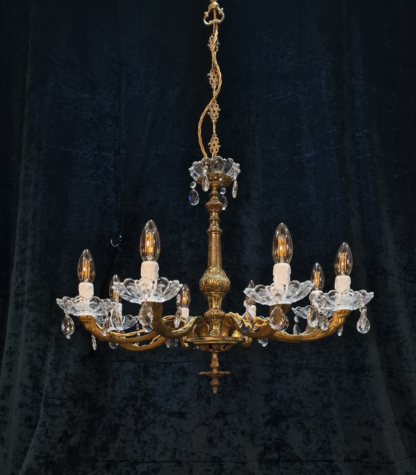 Gorgeous Vintage French Heavy Brass 8 Arm Crystal Chandelier Ceiling Light