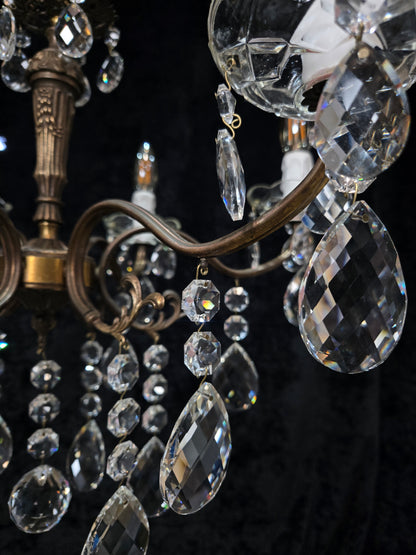 Traditional Vintage French 6 Arm Brass Crystal Glass Chandelier Ceiling Light