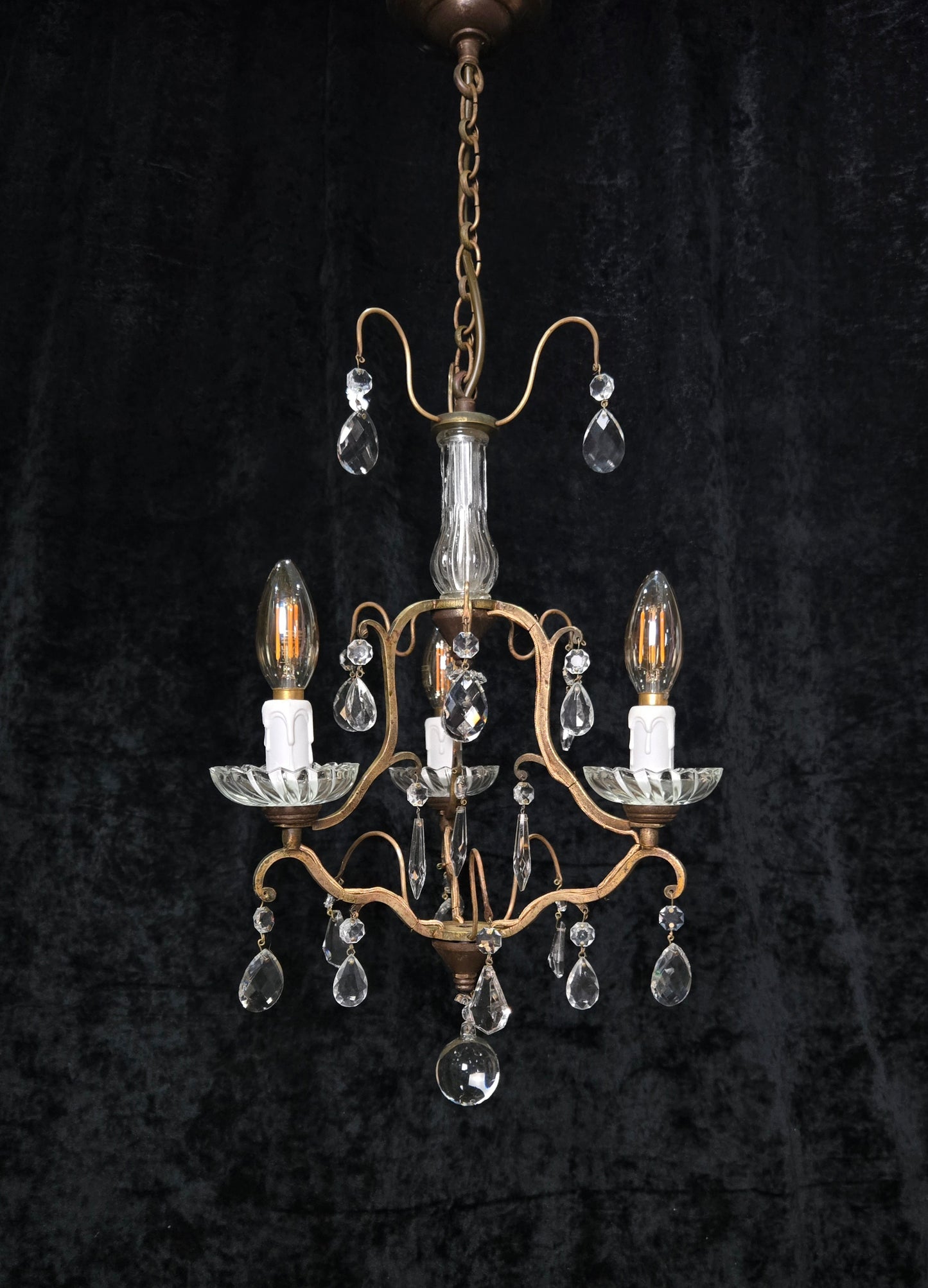 Lovely Petite Antique French 3 Arm Cage Brass Crystal Chandelier Ceiling Light